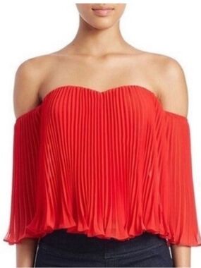 Guess Red Off-Shoulder Pleated Crop Top